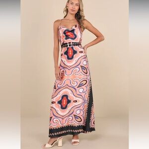 NWT Lulu's Rich Demeanor Pink Multi Abstract Backless Buckle Maxi Dress
